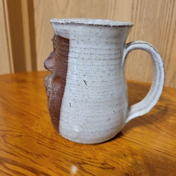 Vintage Handmade Pottery Stoneware Goofy Face Brown Glaze Ceramic Mug Signed - Picture 2 of 5